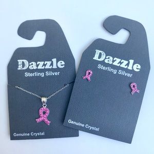 NWT Pink Ribbon Sterling & Crystal ear+pendant set